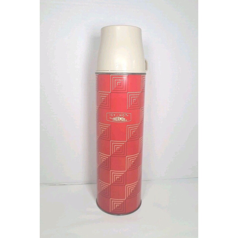 1960's VTG King-Seeley THERMOS Co Icy-Hot Bottle 1 Quart Red W/Geometric Squares